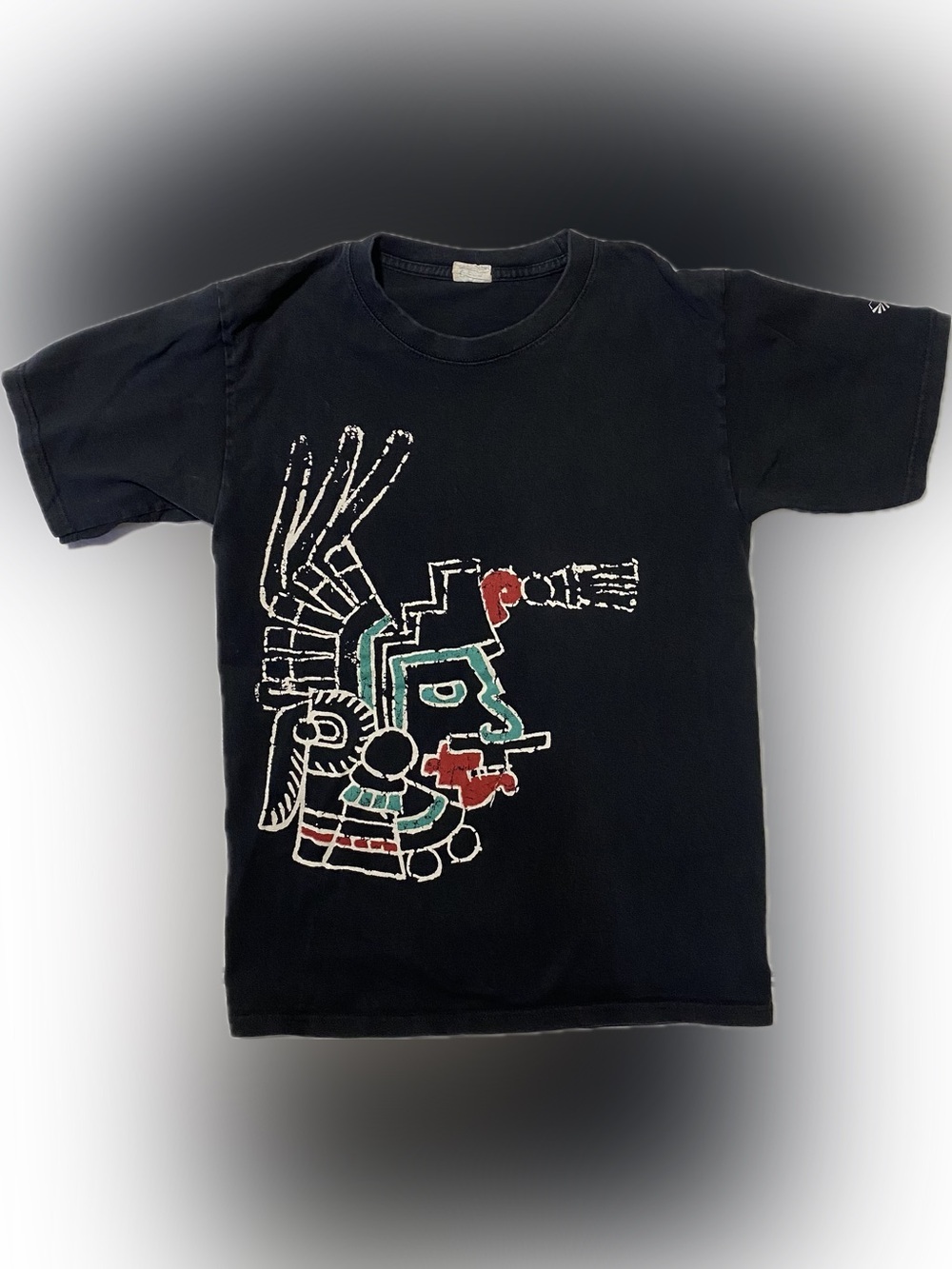 Black Short Sleeve Tee with Aztec-Inspired Graphic